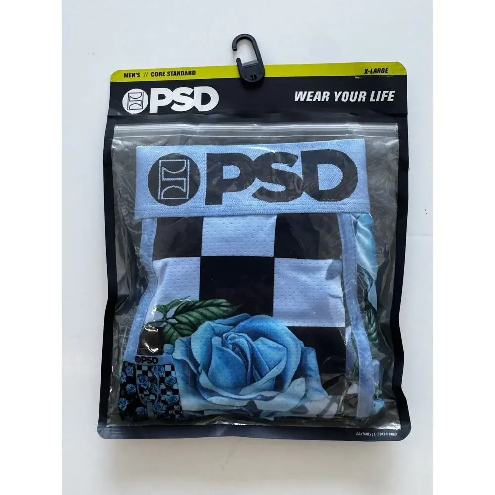 PSD Mens Underwear, Graphic Print Authentic, Blue Rose Checkered Boxers XL